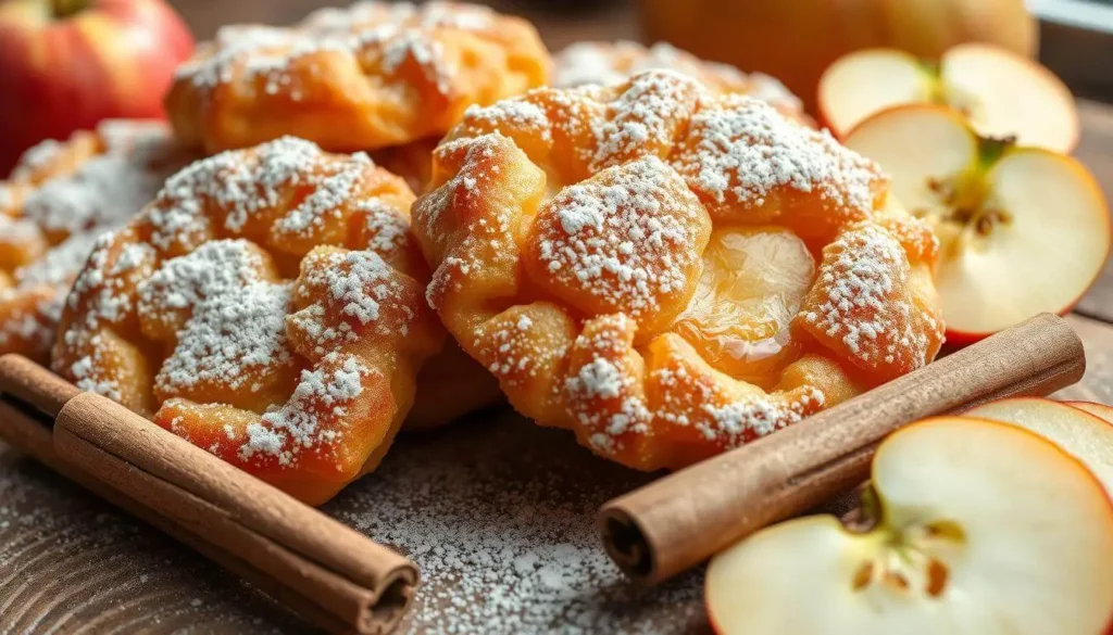 A batch of golden-brown baked apple fritters drizzled with glaze, showcasing their soft, spiced interior with tender apple chunks.