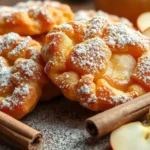 A batch of golden-brown baked apple fritters drizzled with glaze, showcasing their soft, spiced interior with tender apple chunks.