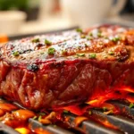 A perfectly cooked Beef Chuck Eye Steak on a rustic wooden table, garnished with fresh herbs and accompanied by colorful grilled vegetables