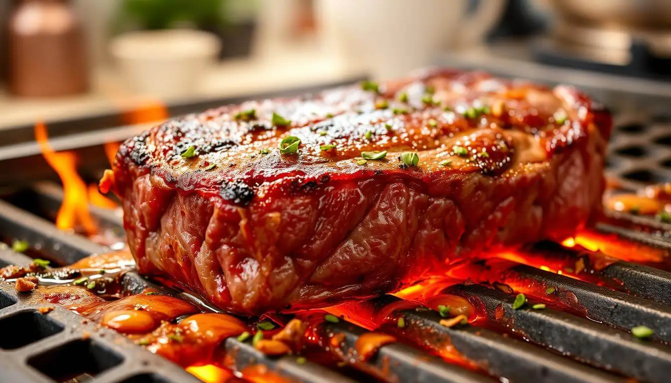 A perfectly cooked Beef Chuck Eye Steak on a rustic wooden table, garnished with fresh herbs and accompanied by colorful grilled vegetables