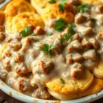 A golden brown biscuits and gravy casserole topped with melted cheese, served in a baking dish with a side of fresh parsley.