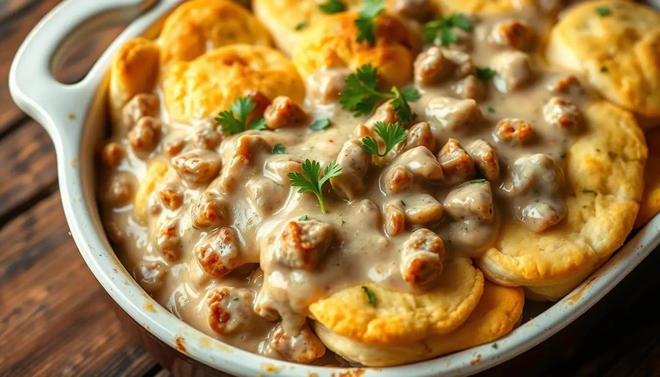 A golden brown biscuits and gravy casserole topped with melted cheese, served in a baking dish with a side of fresh parsley.