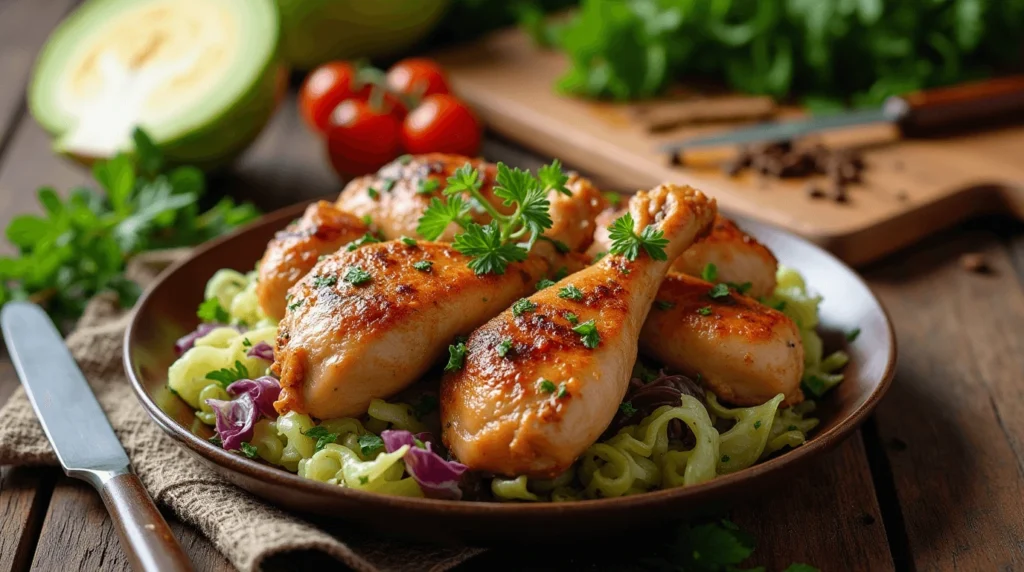 A delicious chicken and cabbage stir-fry served on a rustic plate, garnished with fresh herbs and surrounded by raw ingredients on a wooden table.