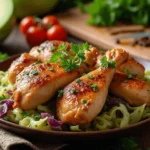 A delicious chicken and cabbage stir-fry served on a rustic plate, garnished with fresh herbs and surrounded by raw ingredients on a wooden table.