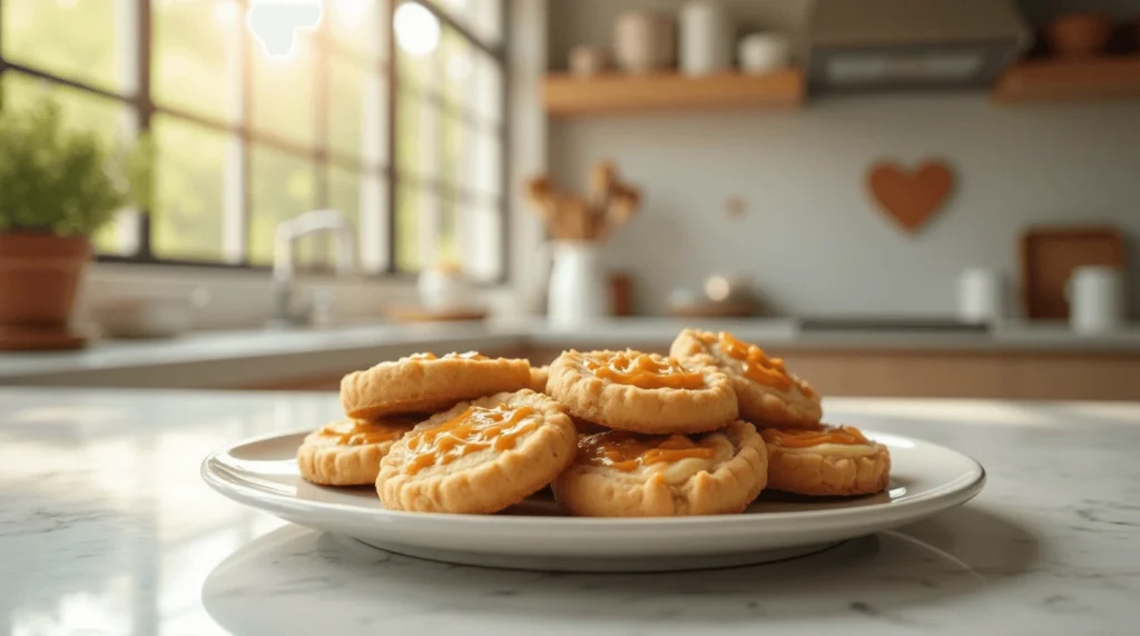 Golden brown cheesecake cookies with creamy swirls, caramel drizzle, and fresh berries on a plate in a cozy kitchen setting.