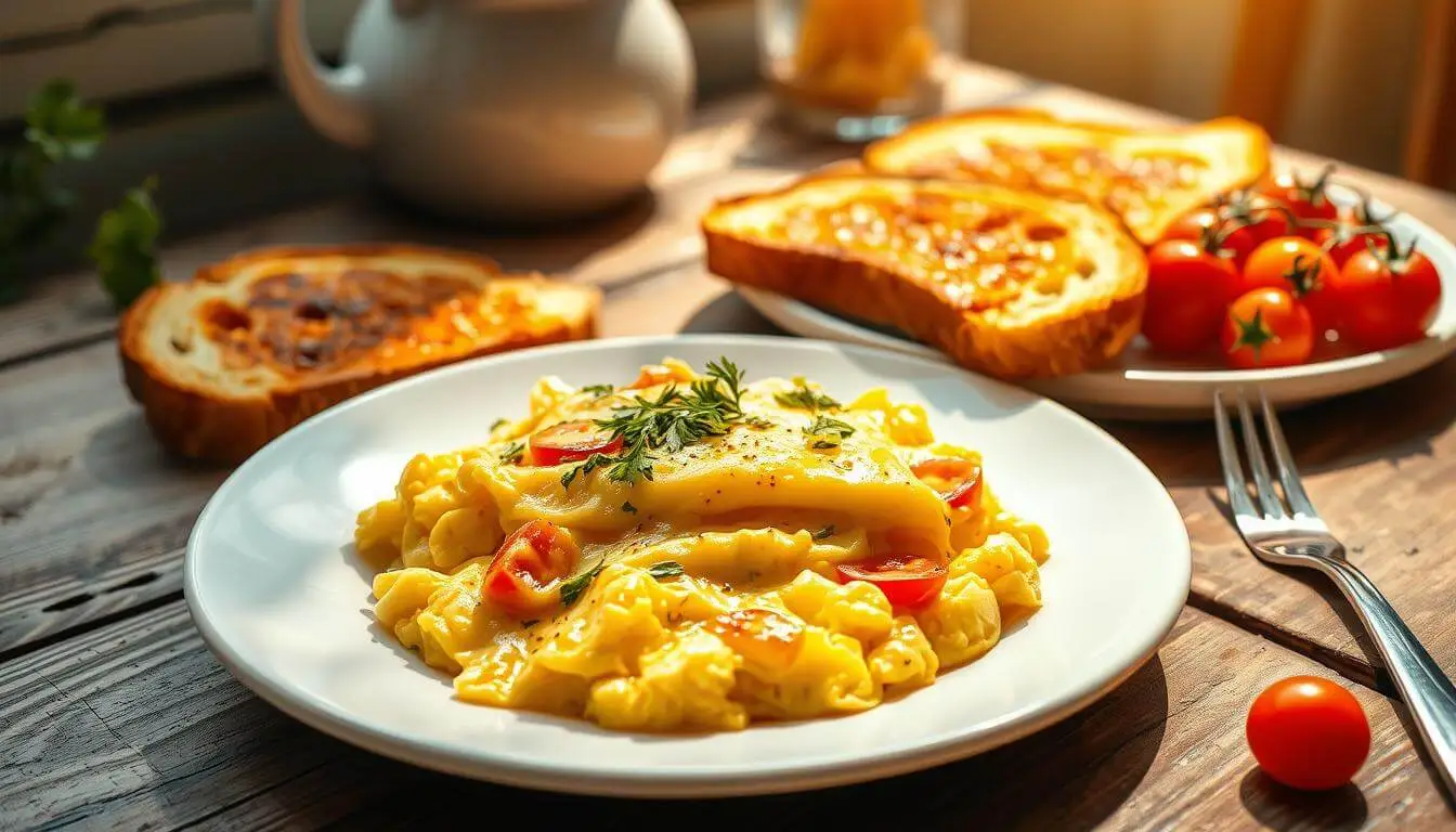 A plate of cheesy scrambled eggs garnished with fresh herbs, served on a rustic wooden table.