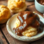 A plate of warm biscuits topped with rich, velvety chocolate gravy, a beloved Southern comfort food.