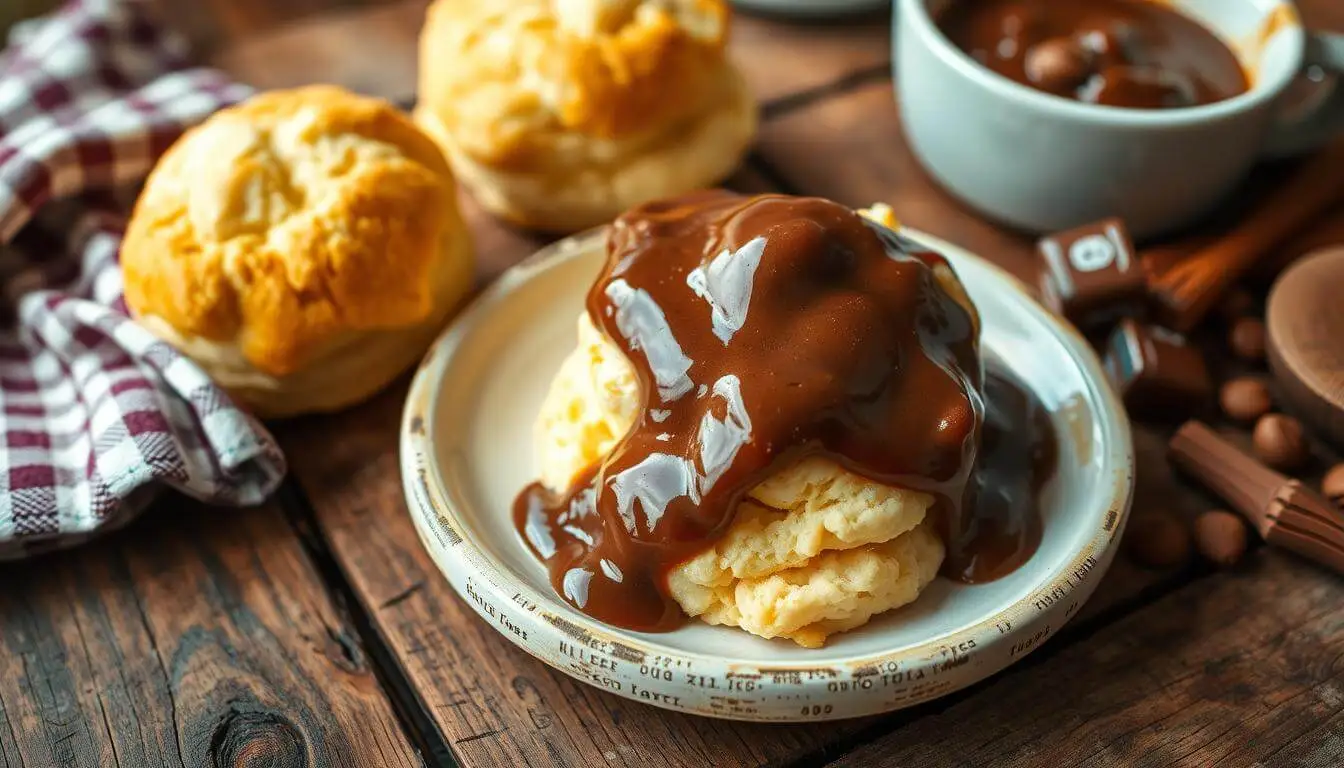 A plate of warm biscuits topped with rich, velvety chocolate gravy, a beloved Southern comfort food.