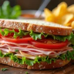 Delicious chopped sandwich filled with fresh deli meats, cheese, and vegetables on a wooden cutting board.