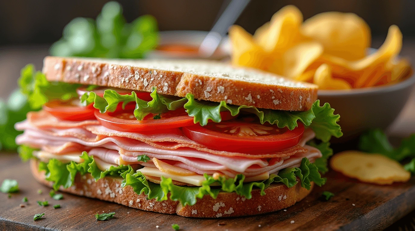 Delicious chopped sandwich filled with fresh deli meats, cheese, and vegetables on a wooden cutting board.