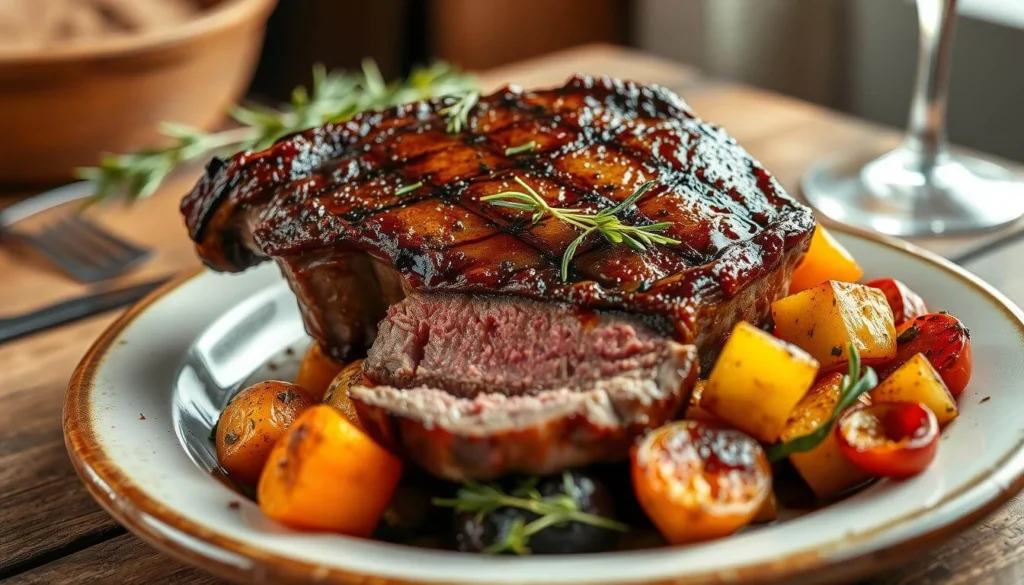 Close-up of a perfectly cooked and tender chuck steak garnished with fresh herbs on a wooden board.