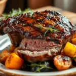 Close-up of a perfectly cooked and tender chuck steak garnished with fresh herbs on a wooden board.