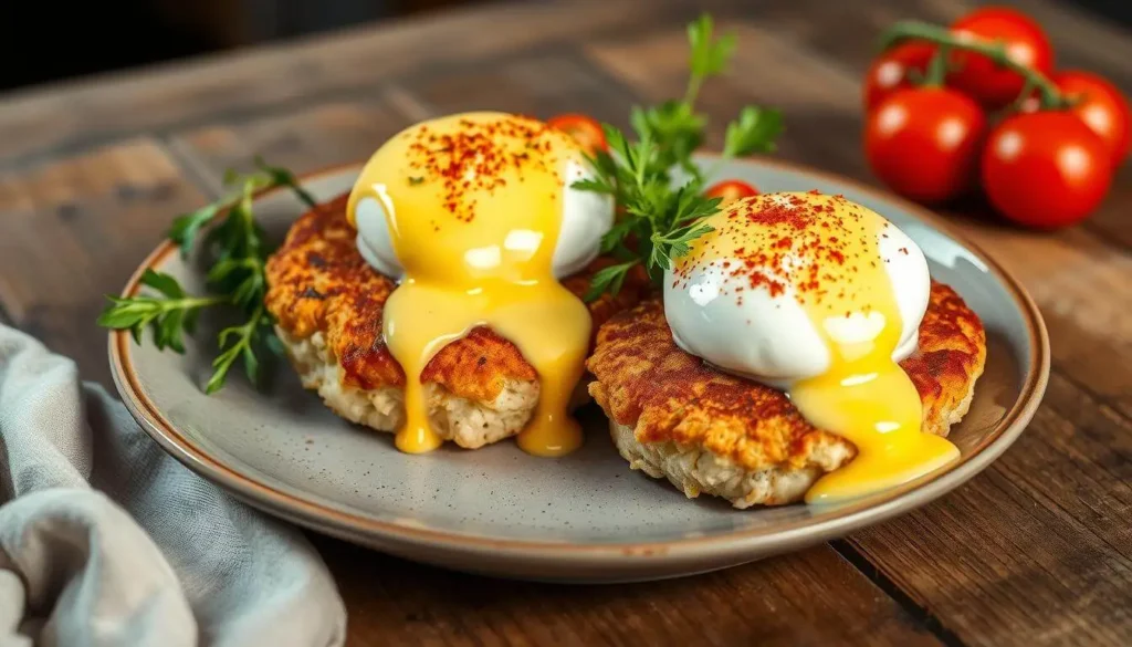 A delicious Crab Cake Eggs Benedict topped with creamy hollandaise sauce and garnished with fresh herbs, served on a white plate.