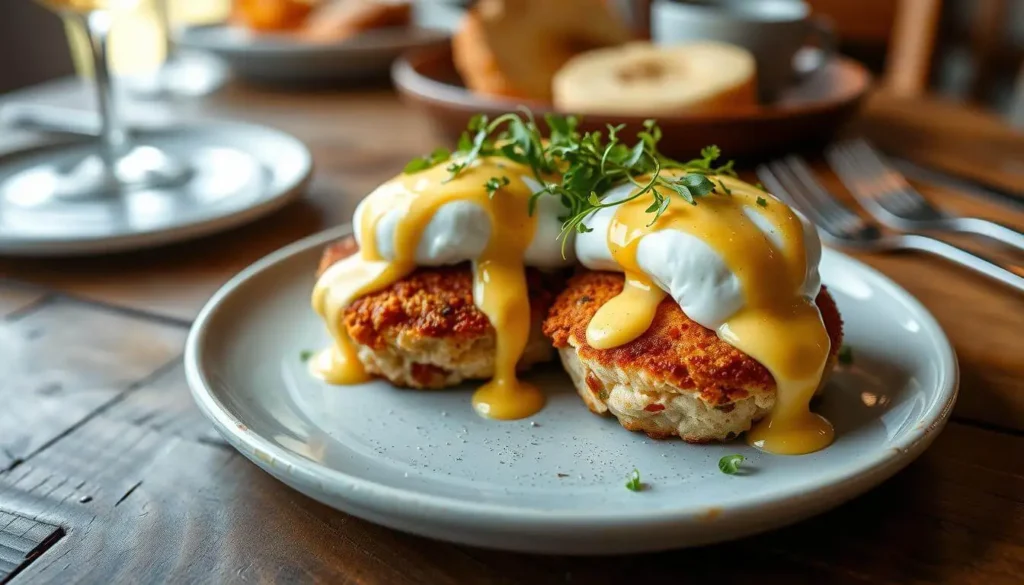 A perfectly plated Crab Cake Eggs Benedict with golden crab cakes, poached eggs, and silky hollandaise sauce, garnished with fresh herbs.