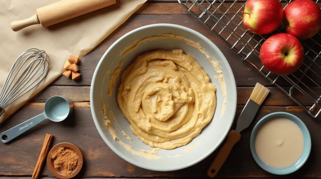 A collection of essential baking tools, including a mixing bowl, whisk, rolling pin, baking sheet, and cooling rack, arranged with fresh apples and cinnamon for making perfect baked apple fritters.