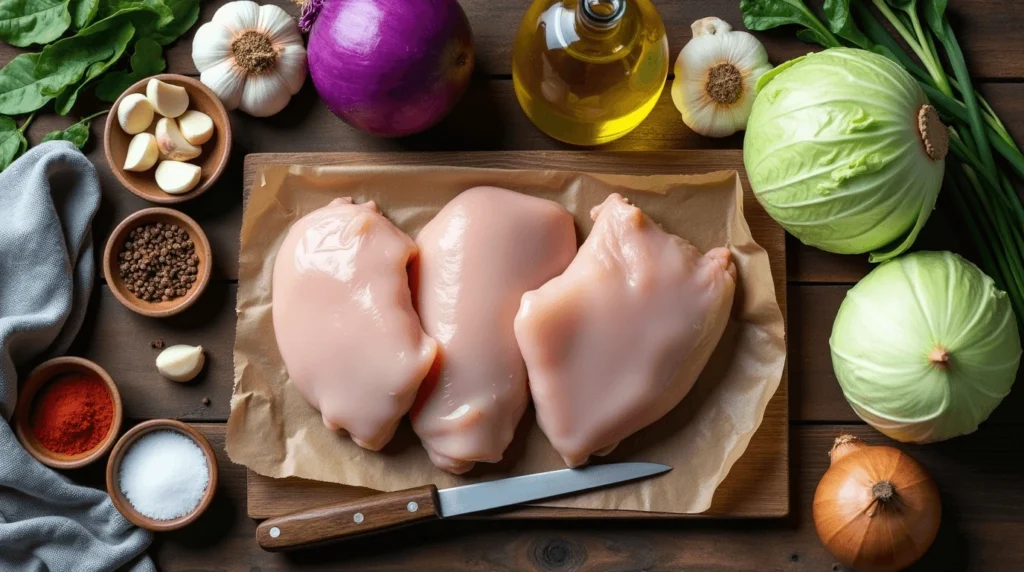 Essential ingredients for chicken and cabbage recipes, including raw chicken, green and purple cabbage, garlic, onions, and spices, arranged on a wooden surface.