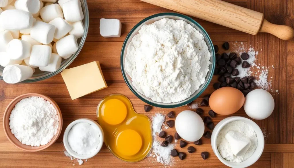 A rustic table featuring key ingredients for marshmallow cookies: flour, butter, sugar, eggs, vanilla extract, mini marshmallows, and chocolate chips, arranged neatly with a cozy backdrop.