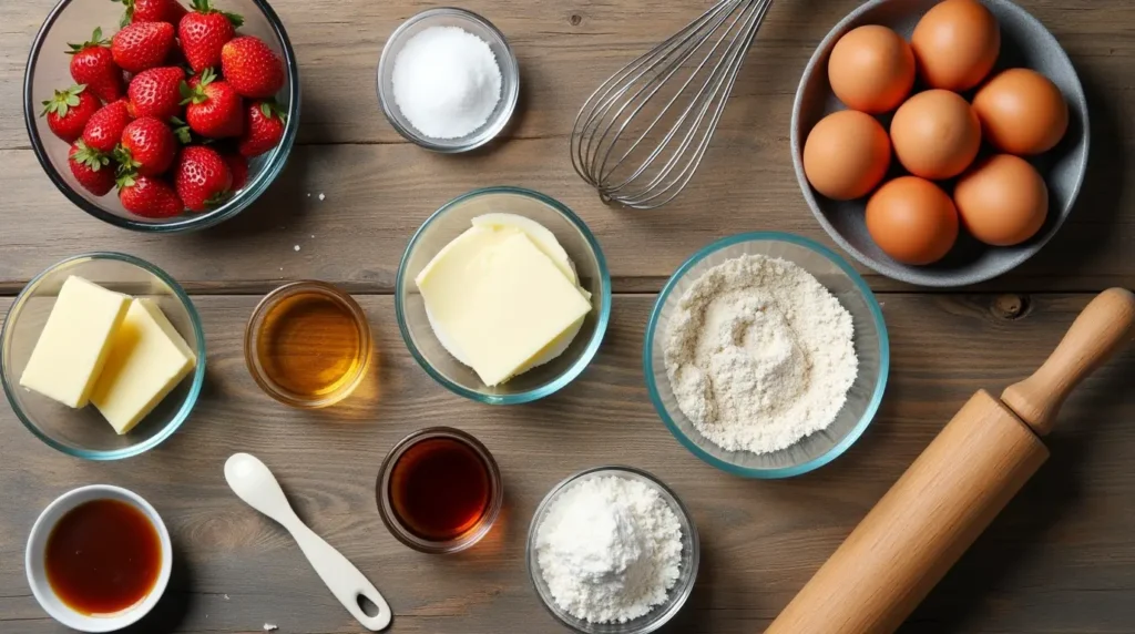 A flat-lay of essential ingredients for baking, including fresh strawberries, cream cheese, sugar, butter, flour, and eggs on a rustic wooden surface.