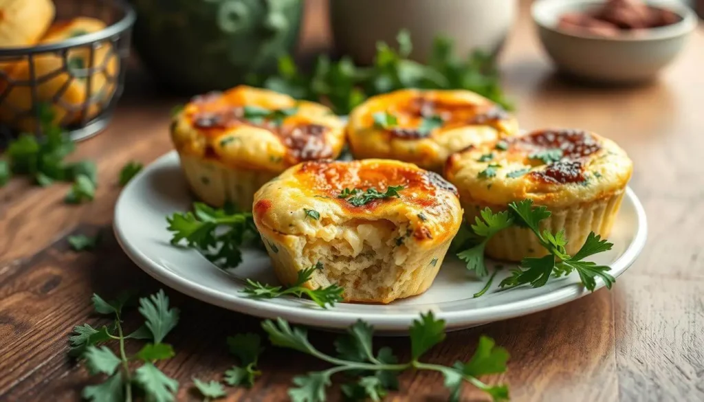 A flat lay of essential ingredients for sausage egg muffins, including eggs, sausage, cheese, and seasonings.