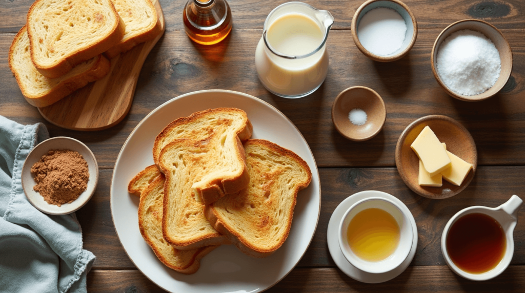 An array of ingredients for sourdough French toast, including slices of sourdough bread, eggs, milk, cinnamon, vanilla extract, butter, and maple syrup.