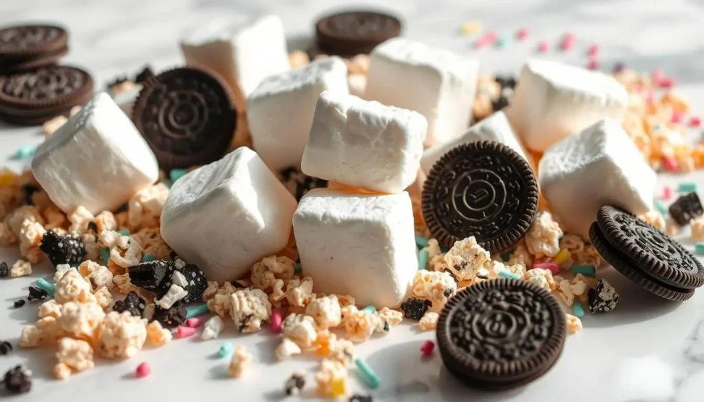 A flat lay of essential ingredients for Oreo Rice Krispie Treats, including marshmallows, Rice Krispies cereal, crushed Oreos, and butter.