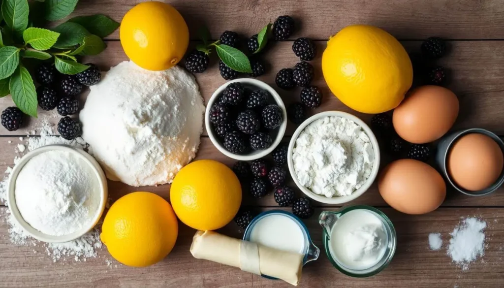 A selection of essential ingredients for a Lemon Blackberry Cake, including fresh lemons, blackberries, flour, eggs, butter, and sugar.