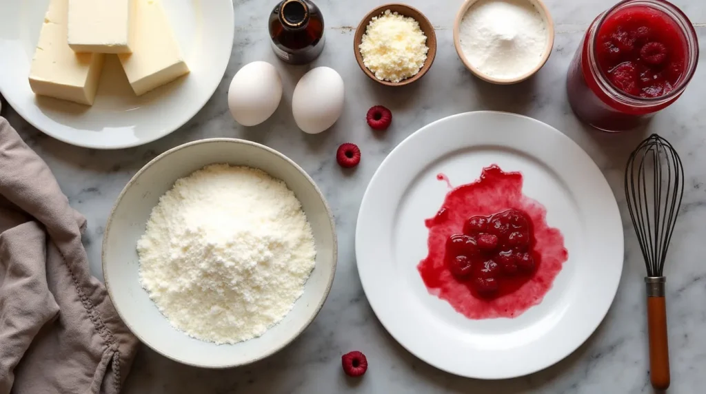 Essential cheesecake ingredients including cream cheese, sugar, eggs, vanilla extract, and graham crackers on a rustic kitchen countertop.