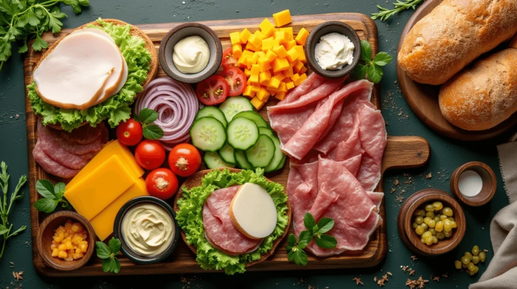 Flat lay of essential ingredients for a chopped sandwich, including deli meats, cheeses, fresh vegetables, and condiments on a wooden cutting board.