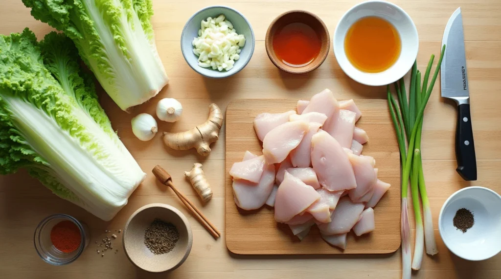 A flat lay of essential ingredients for Hmong cabbage and chicken, including fresh green cabbage, tender chicken pieces, garlic, ginger, scallions, fish sauce, and soy sauce, arranged on a rustic wooden surface.