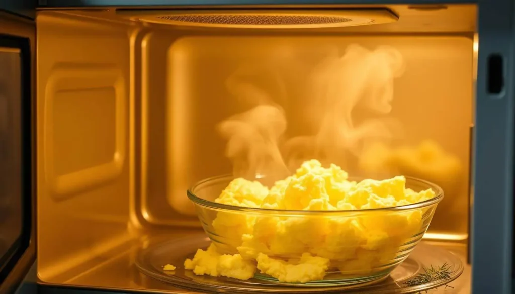 A flat lay of fresh eggs, shredded cheese, butter, and herbs on a wooden countertop, ready for making scrambled eggs.