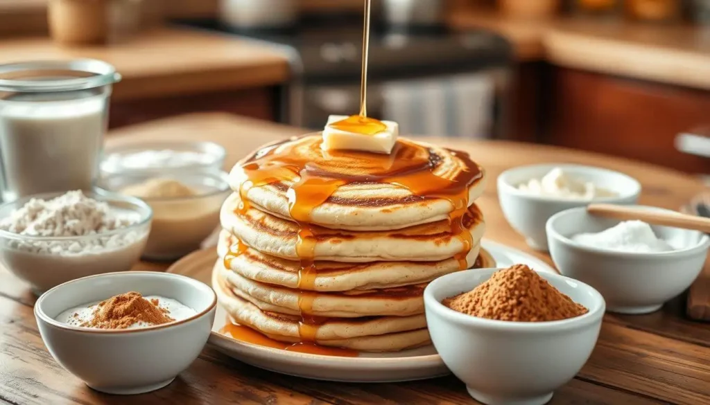 Essential pancake batter ingredients including flour, eggs, milk, baking powder, sugar, and vanilla extract arranged on a countertop.