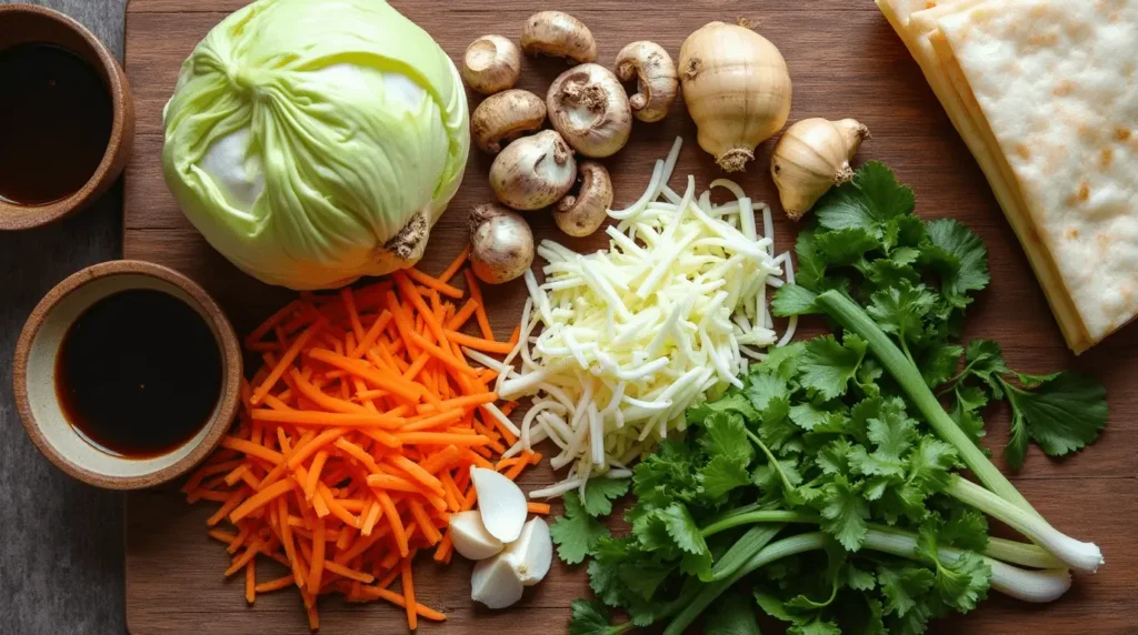 A selection of fresh ingredients for veggie egg rolls, including cabbage, carrots, mushrooms, green onions, and soy sauce, arranged on a wooden cutting board.