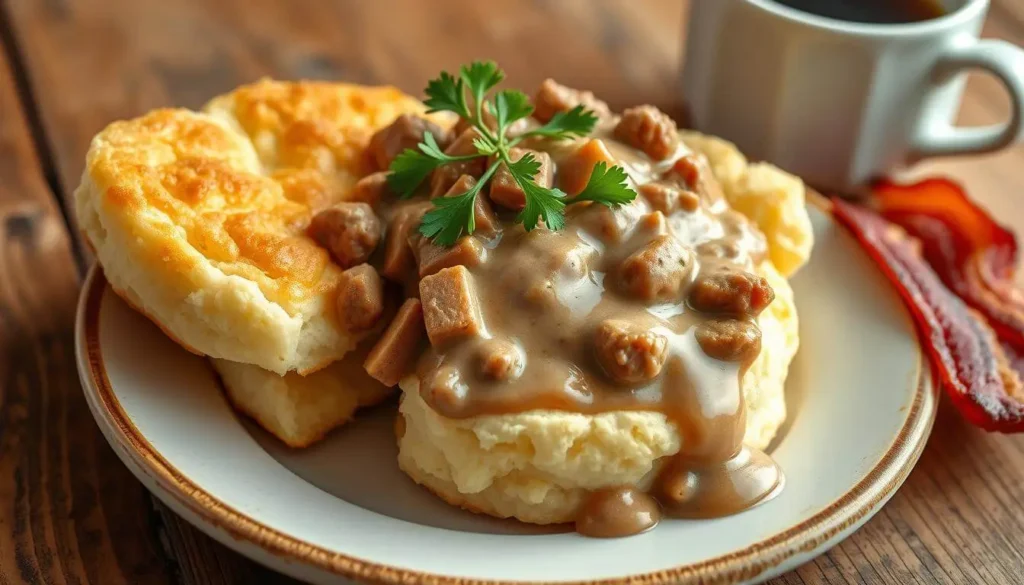 Essential ingredients for a biscuits and gravy casserole, including biscuits, sausage, eggs, cheese, milk, and seasonings arranged on a kitchen countertop.