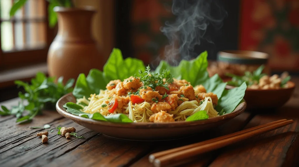 A beautifully plated Hmong cabbage and chicken dish, featuring tender chicken and vibrant green cabbage, surrounded by fresh herbs and spices, with steam rising for a warm, inviting feel.