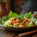 A beautifully plated Hmong cabbage and chicken dish, featuring tender chicken and vibrant green cabbage, surrounded by fresh herbs and spices, with steam rising for a warm, inviting feel.