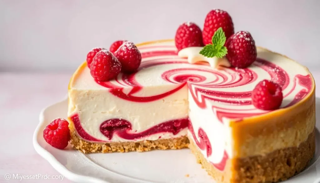 Raspberry swirl cheesecake made with 5 simple ingredients, showcasing vibrant red swirls on top of a creamy, smooth texture.