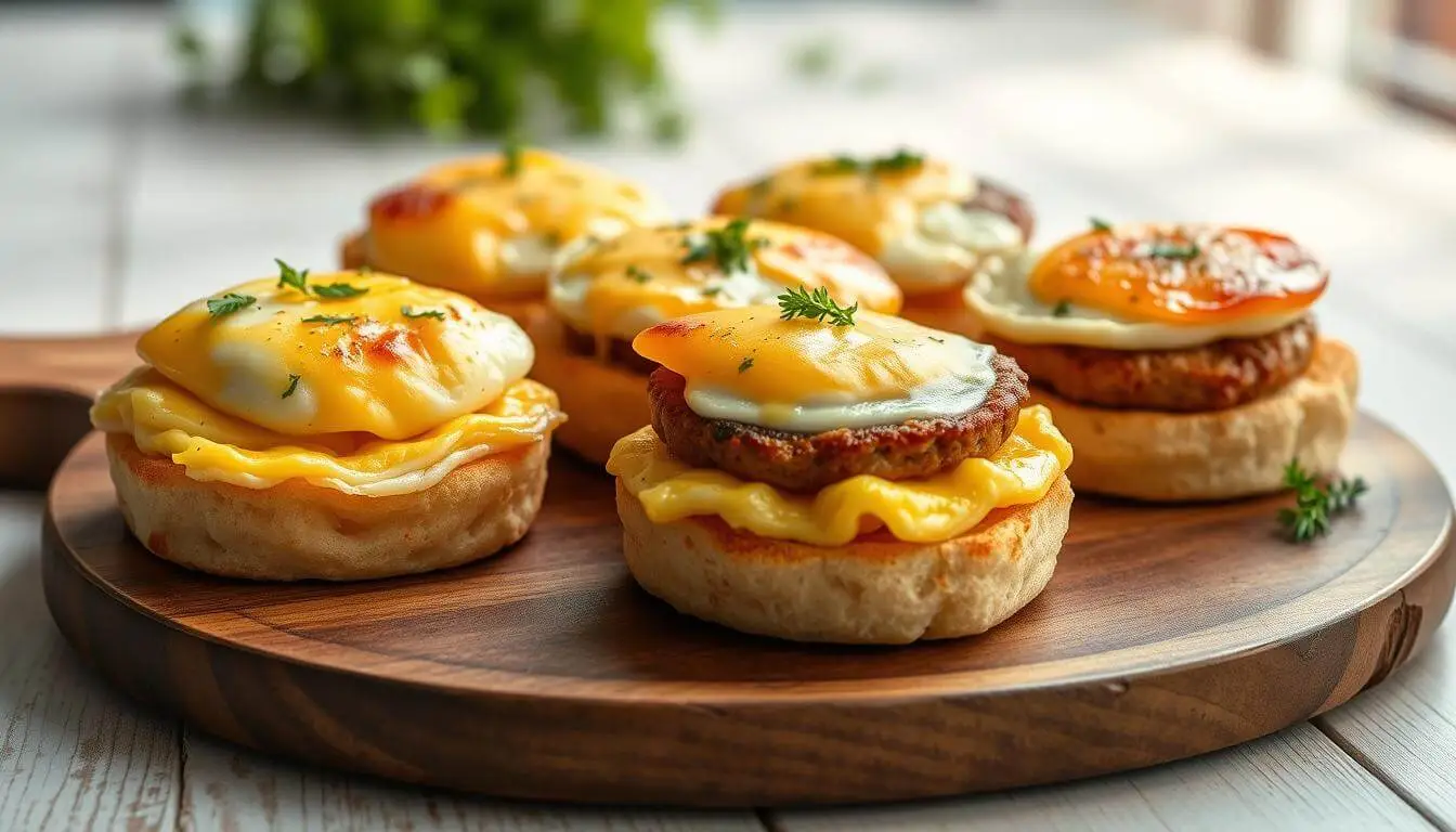 batch of freshly baked sausage egg muffins on a white plate, garnished with chopped parsley.