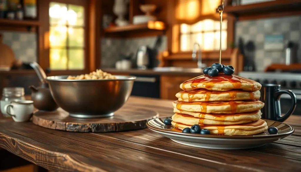 A stack of fluffy pancakes made with Kodiak pancake mix, topped with fresh berries and a drizzle of syrup on a white plate.