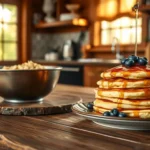 A stack of fluffy pancakes made with Kodiak pancake mix, topped with fresh berries and a drizzle of syrup on a white plate.