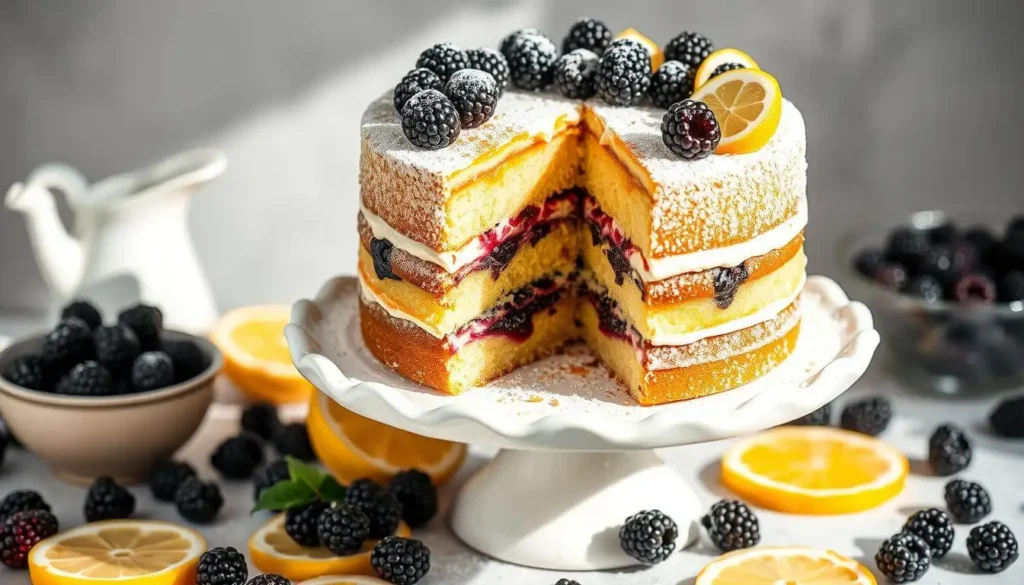 A beautifully layered lemon blackberry cake with fresh blackberries and a drizzle of lemon glaze.