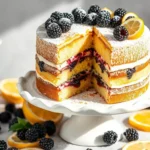 A beautifully layered lemon blackberry cake with fresh blackberries and a drizzle of lemon glaze.