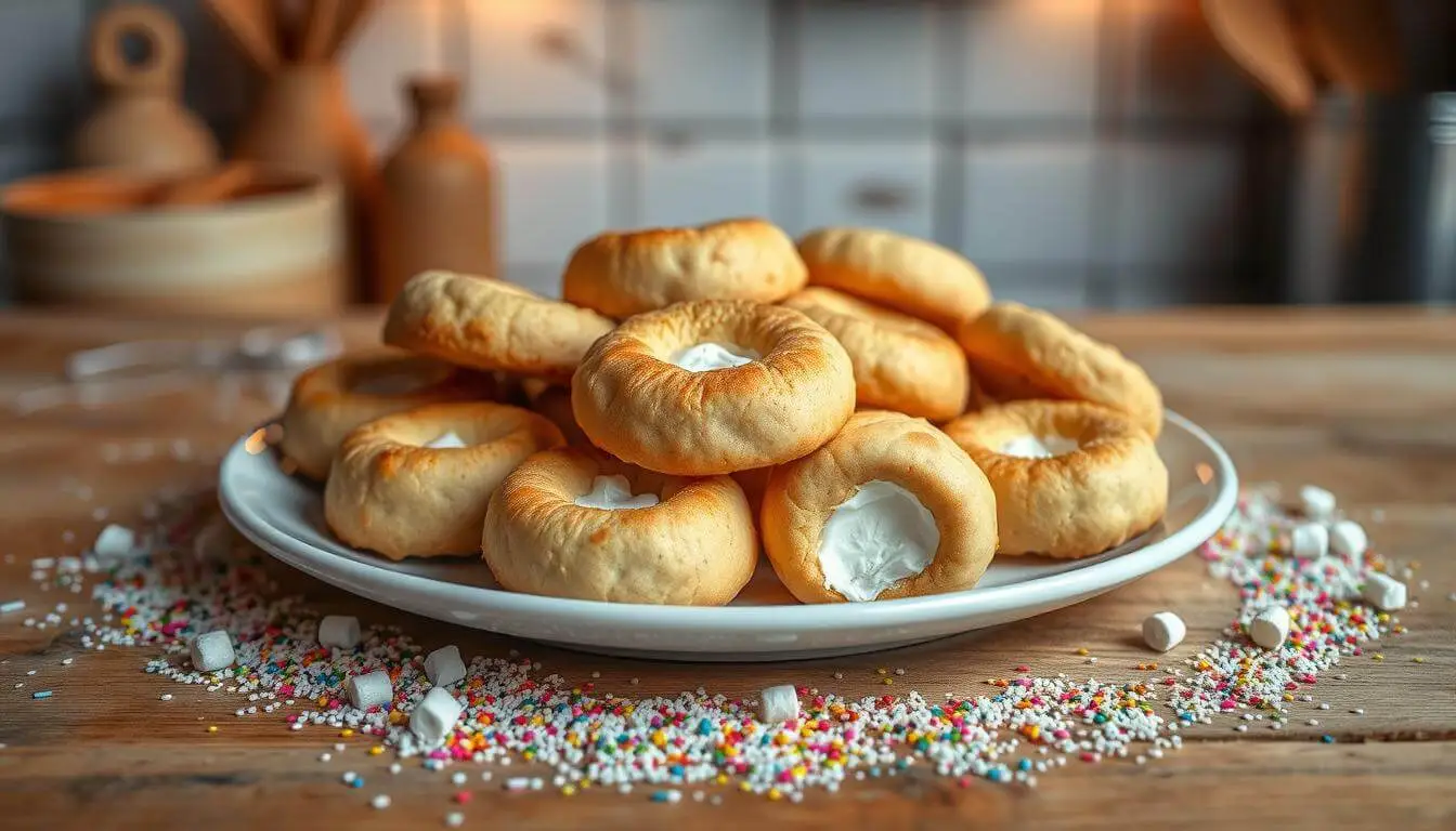 Golden-brown cookies topped with gooey marshmallows, arranged on a rustic wooden table with chocolate chips, marshmallows, and a glass of milk in a cozy, warm setting.