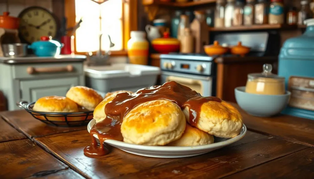 A historical image showcasing the origins of chocolate gravy and biscuits, with a rustic kitchen setting.