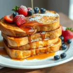 Golden and crispy sourdough French toast drizzled with maple syrup, dusted with powdered sugar, and served with a side of fresh fruit.