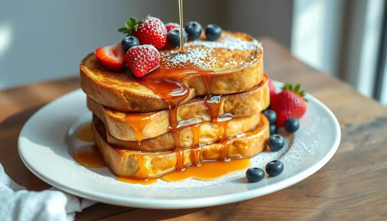 Golden and crispy sourdough French toast drizzled with maple syrup, dusted with powdered sugar, and served with a side of fresh fruit.