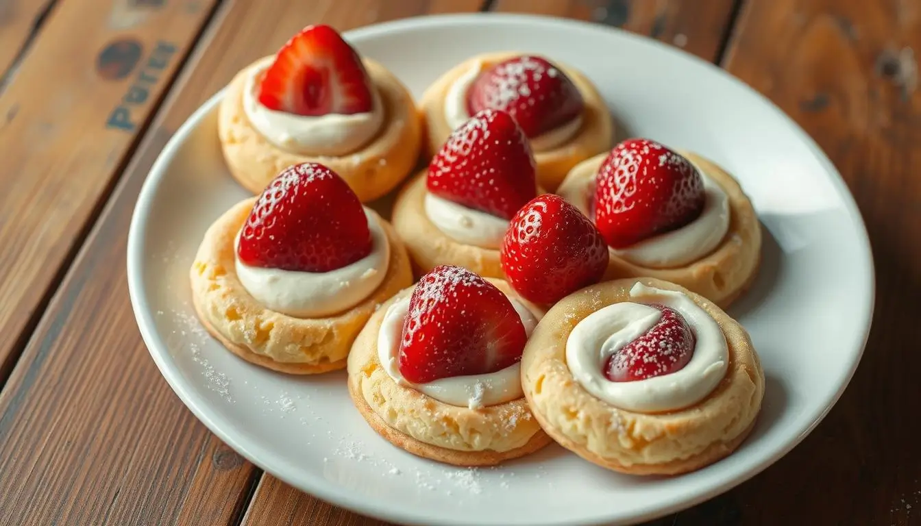 Freshly baked strawberry cheesecake cookies with creamy filling and fresh strawberries, arranged on a rustic wooden plate.