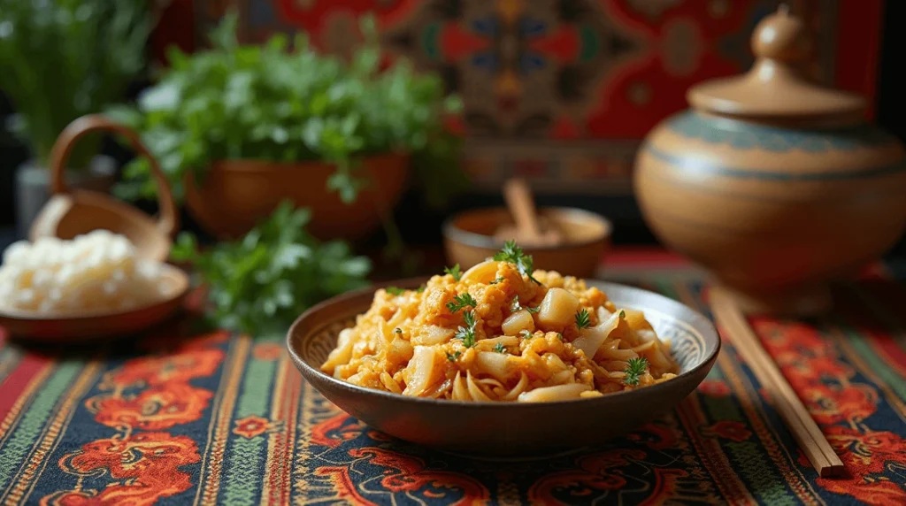 A traditional Hmong cabbage and chicken dish displayed on a patterned tablecloth with cultural elements like woven baskets and bamboo utensils, representing the rich heritage of Hmong cuisine.