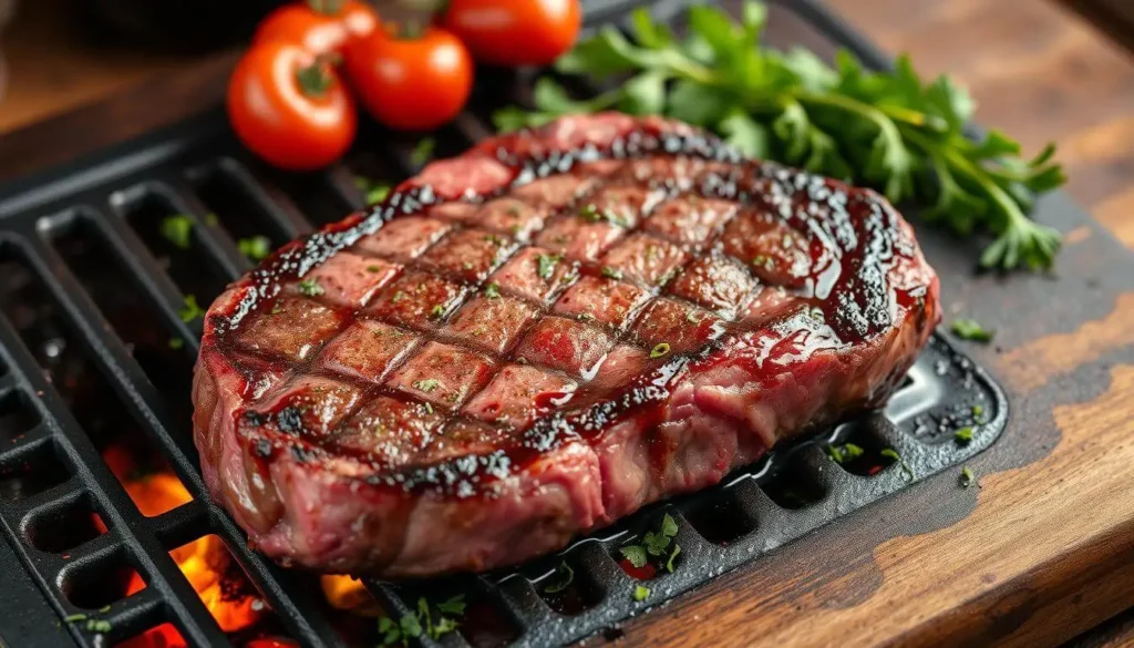 Juicy and tender chuck eye steak served on a rustic wooden plate, garnished with fresh herbs and accompanied by grilled vegetables, showcasing an affordable yet delicious meal.