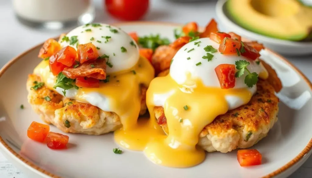 A classic Crab Cake Eggs Benedict with rich hollandaise sauce, served on an elegant plate, showcasing its historical roots.