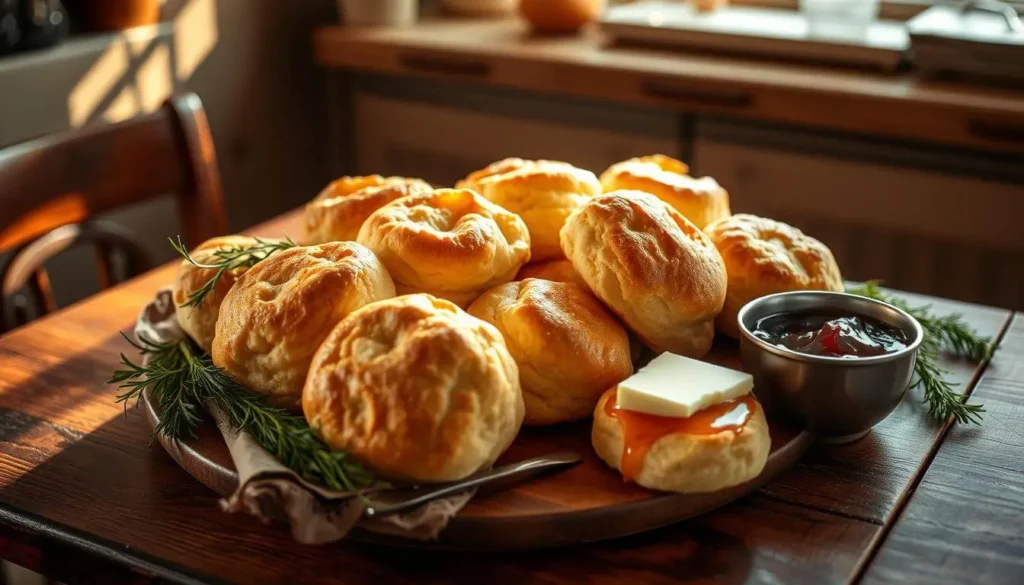 A vintage-style kitchen scene with Pillsbury biscuits served on a classic table setup.